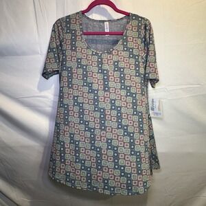 NWT LuLaRoe Sz S Perfect T Shirt Top Gray Blue Red‎ Geometric Abstract Retro